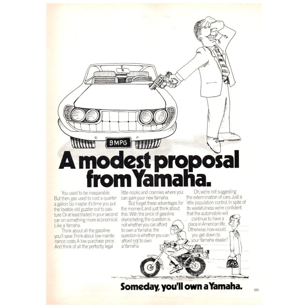 1974 Yamaha Motorcyle Motor Bike A Modest Proposal Vintage Print Ad Gas Crisis